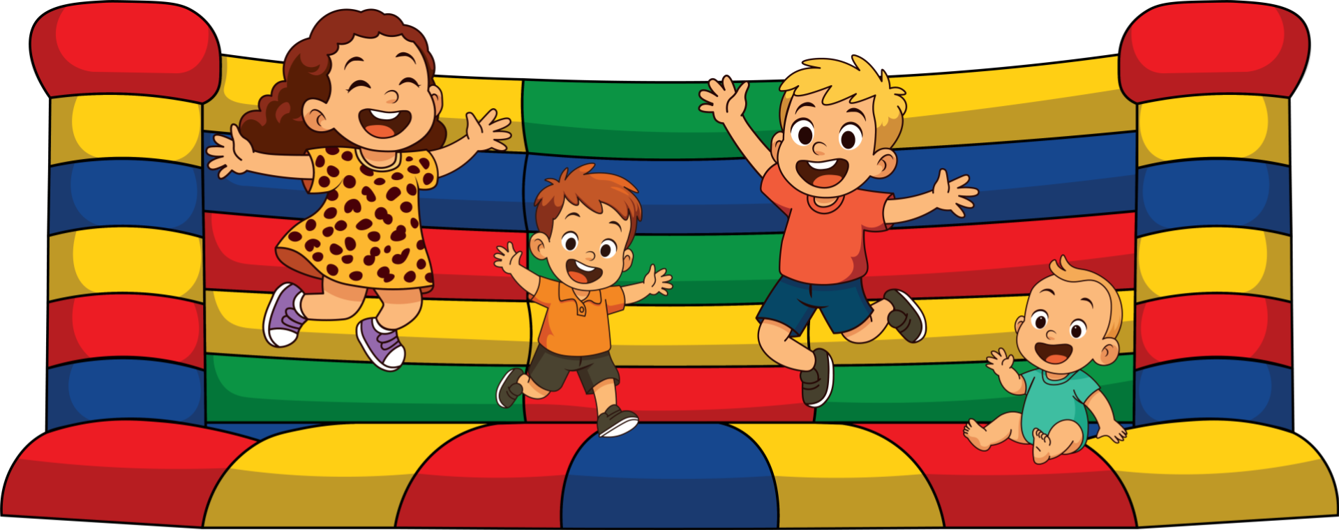 Vier kinderen springen vrolijk op een kleurrijk springkussen